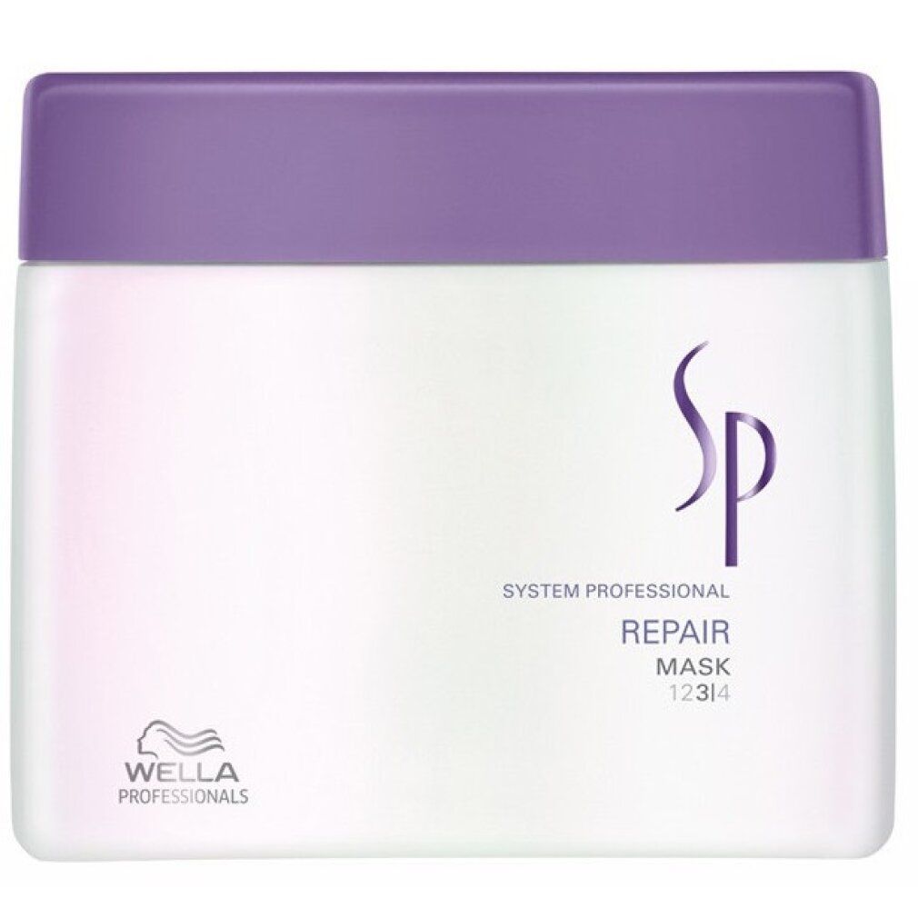 Barattolo rettangolare con coperchio viola. Scritta: SP Repair Mask. Logo Wella. Testo multilingue.