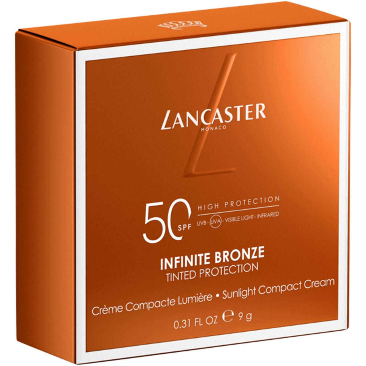 Compattatore rotondo arancione aperto. Coperchio con logo Lancaster. Interno color crema.