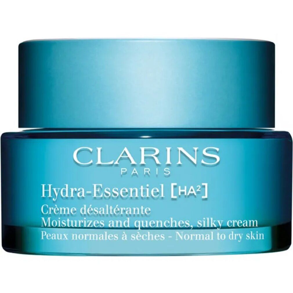 Vasetto turchese con coperchio. Scritta: Clarins Paris, Hydra-Essentiel [HA²], Crème désaltérante. Per pelli da normali a secche.