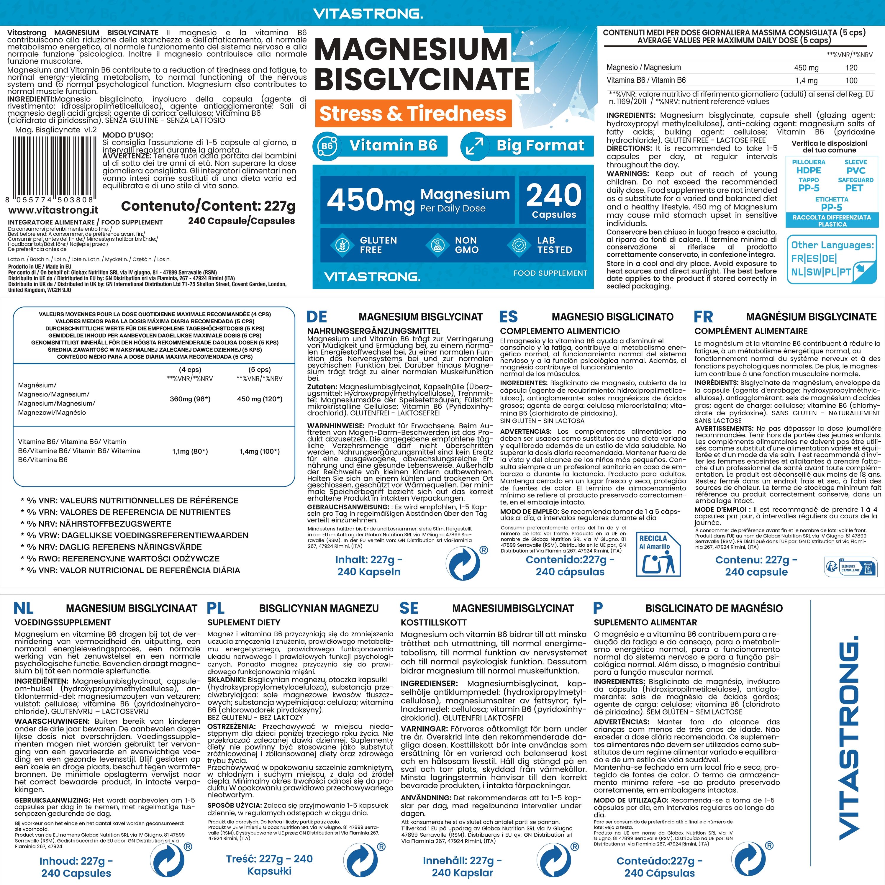 Tre flaconi Vitastrong Magnesio Bisglicinato, senza glutine, senza OGM, testato in lab.
