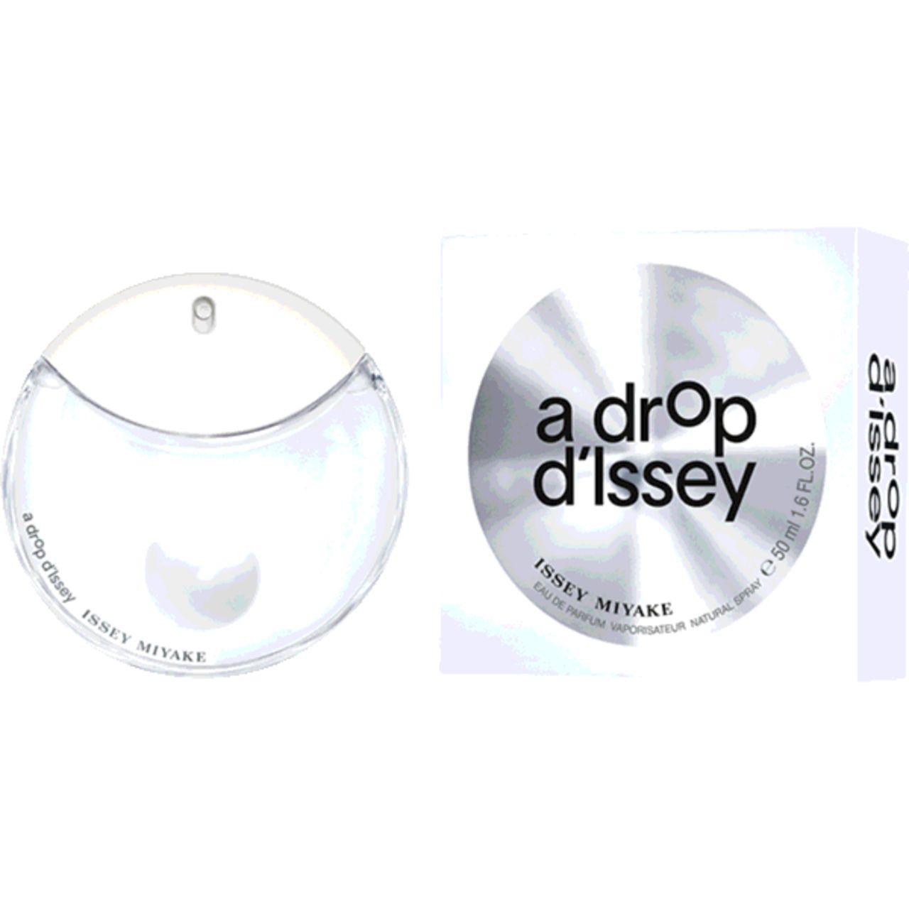 Flacone rotondo e confezione. Scritta: a drop d'Issey, Issey Miyake. 50 ml.