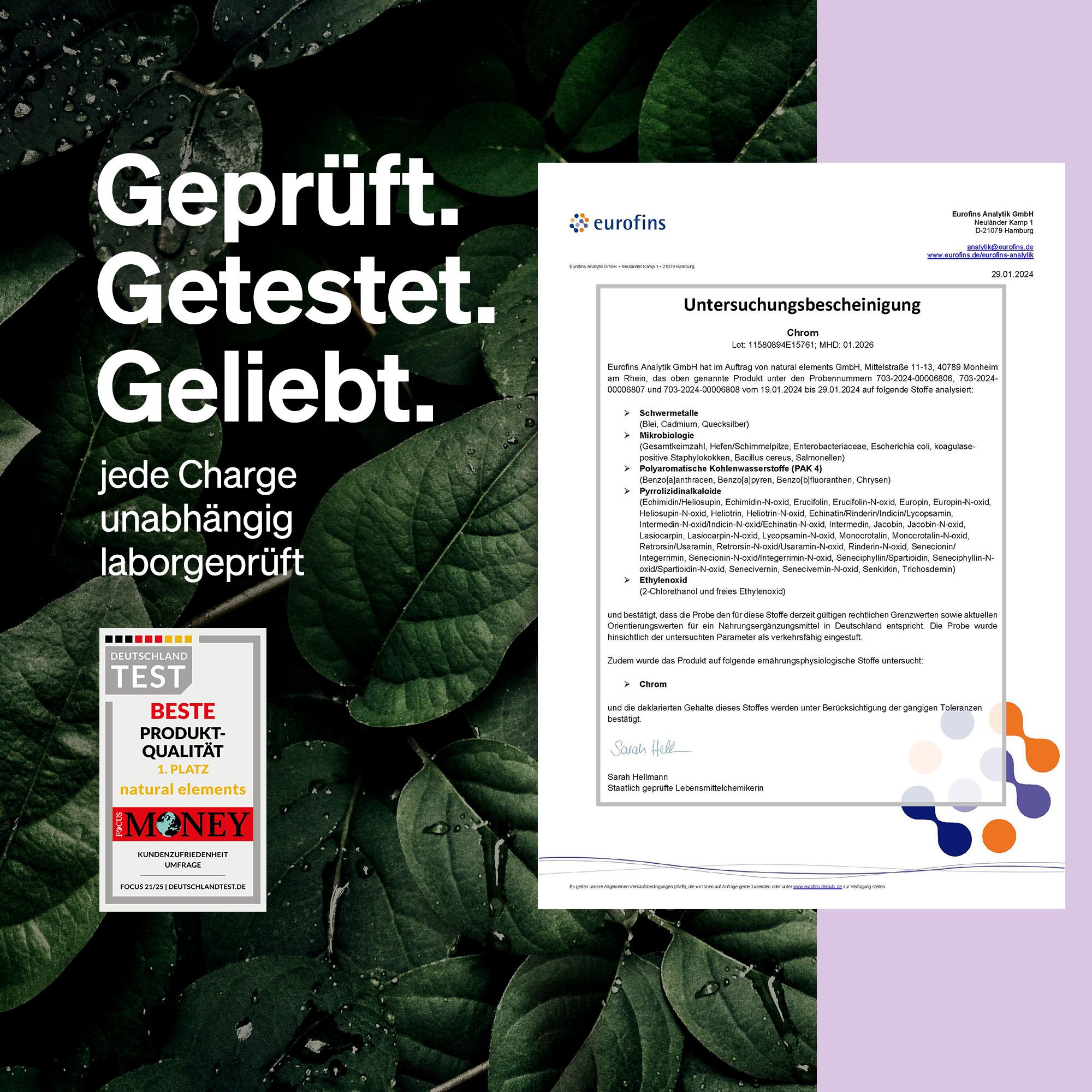 Certificato Eurofins. Testo: "Verificato. Testato. Amato." Logo: "MIGLIORE QUALITÀ DEL PRODOTTO".