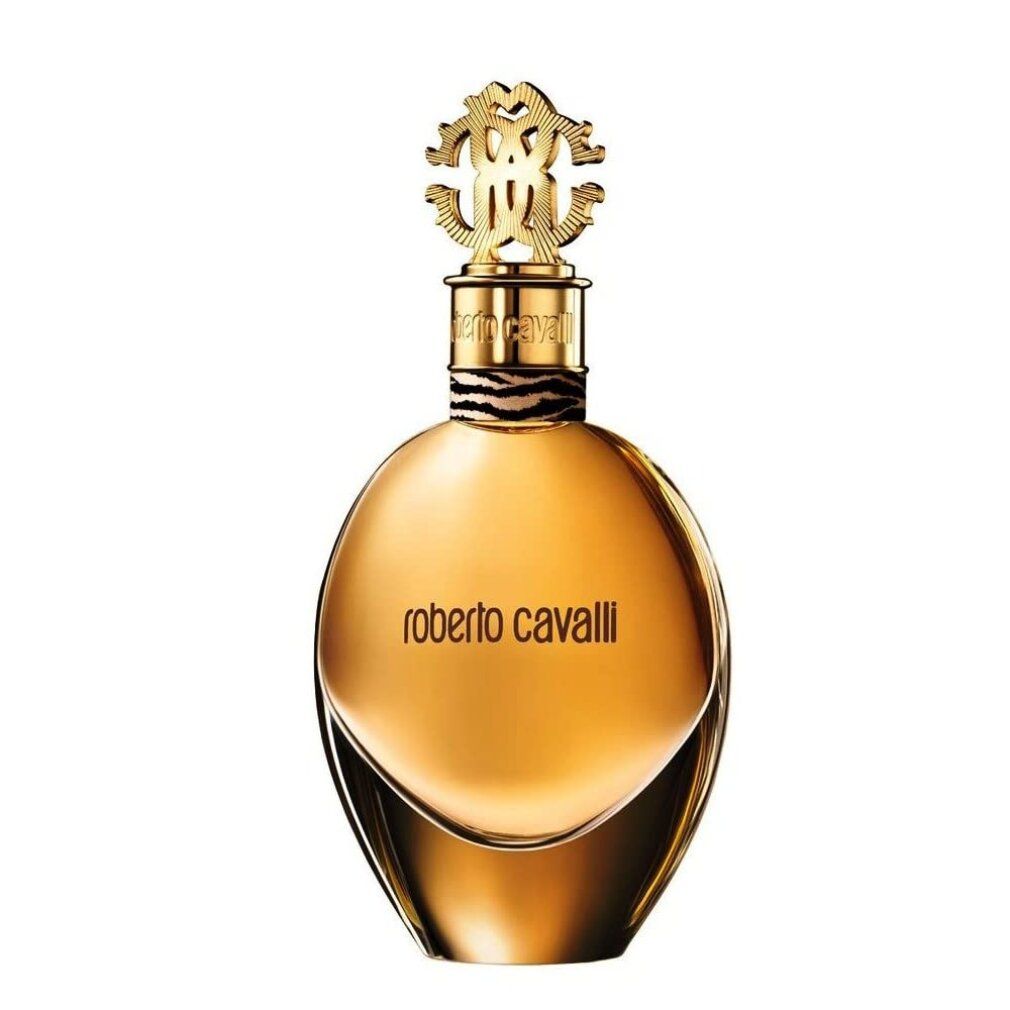 Flacone dorato con tappo dorato e logo del marchio. Il flacone ha una forma rotonda e la scritta "roberto cavalli".