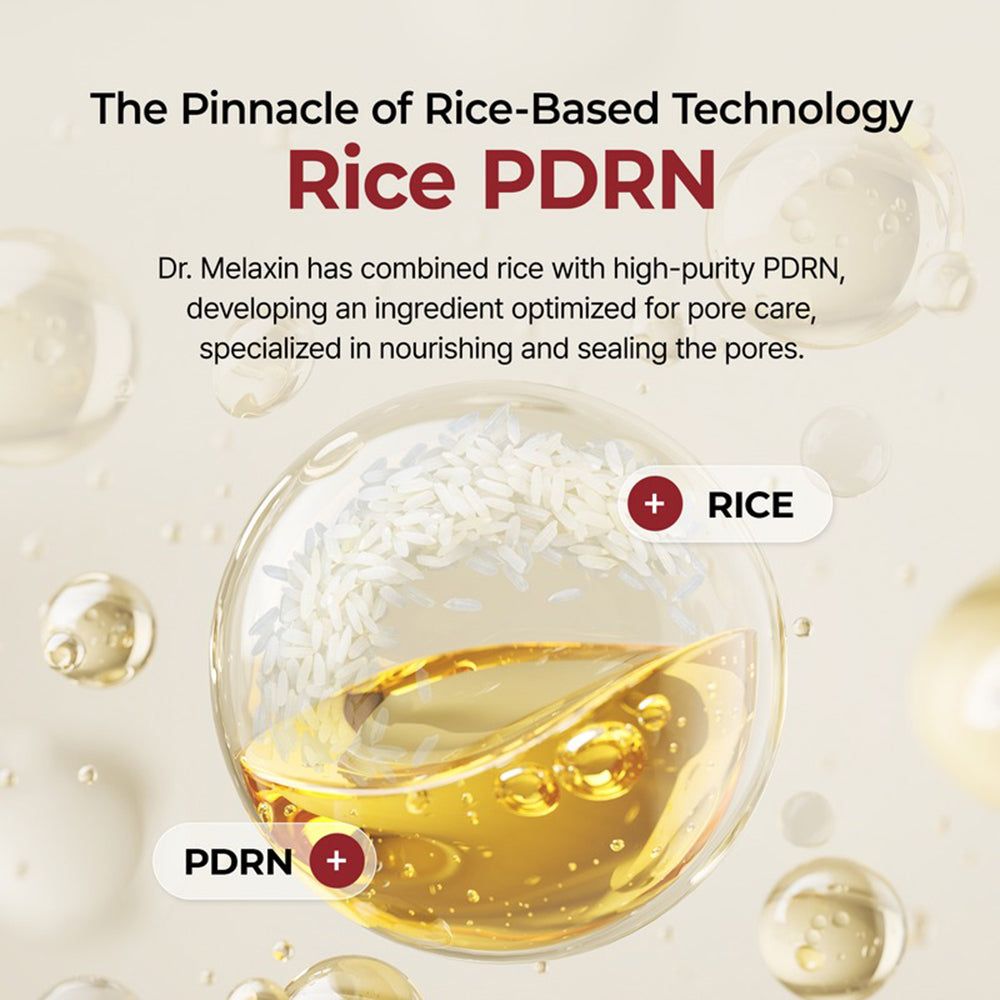Grafico con tecnologia Rice PDRN. Riso e PDRN rappresentati in una sfera. Nome del prodotto: Dr. Melaxin.