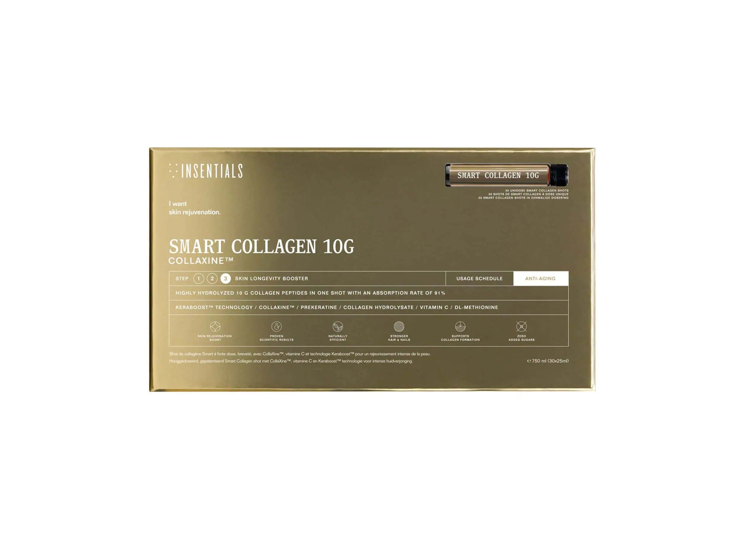 Confezione dorata con scritta "Smart Collagen 10G" e "Collaxine". Contiene una singola fiala.