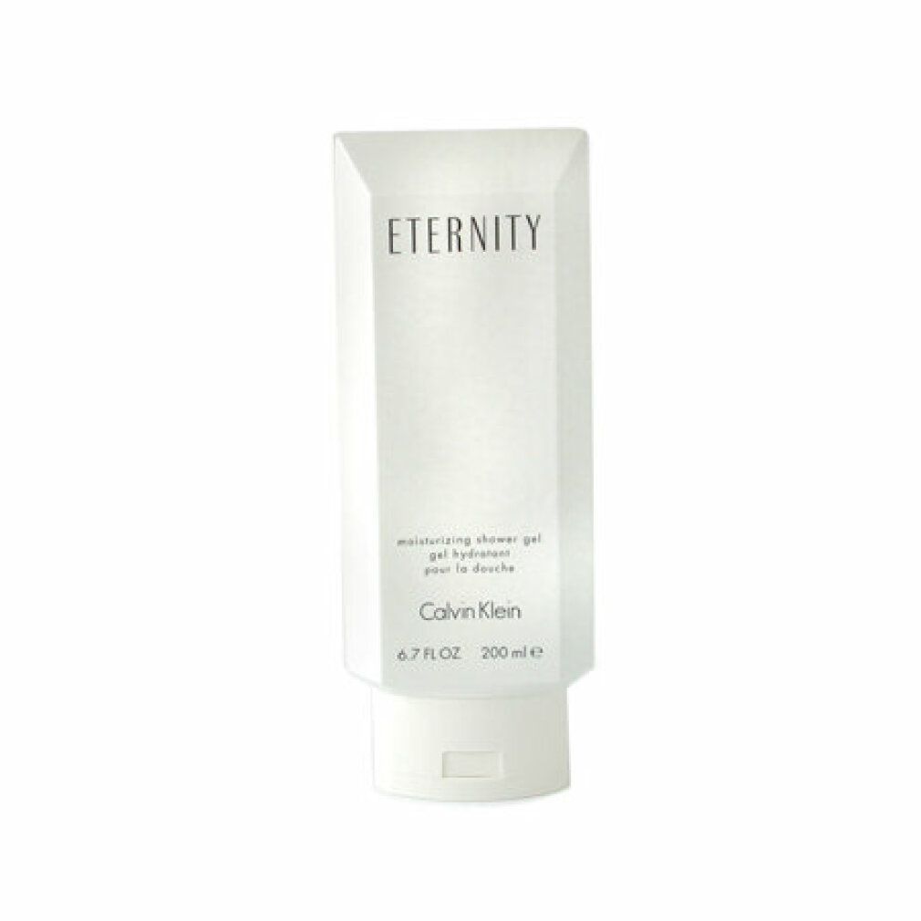 Gel doccia bianco in tubo ottagonale. Scritta: ETERNITY, Calvin Klein. Testo: moisturizing shower gel, gel hydratant pour la douche. 6.7 FL OZ, 200 ml e.