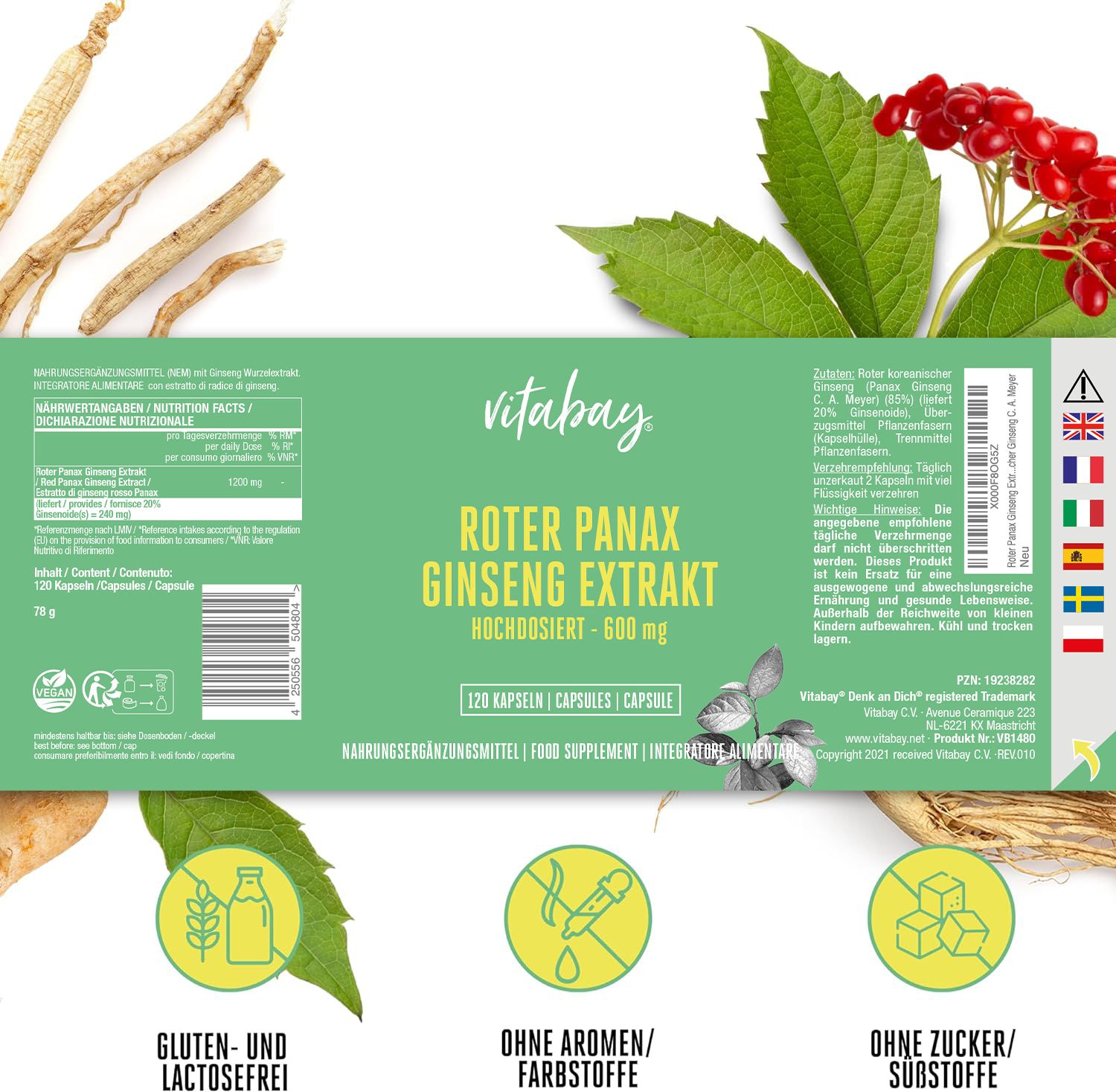 Retro della confezione Vitabay Roter Panax Ginseng Extrakt con informazioni nutrizionali.