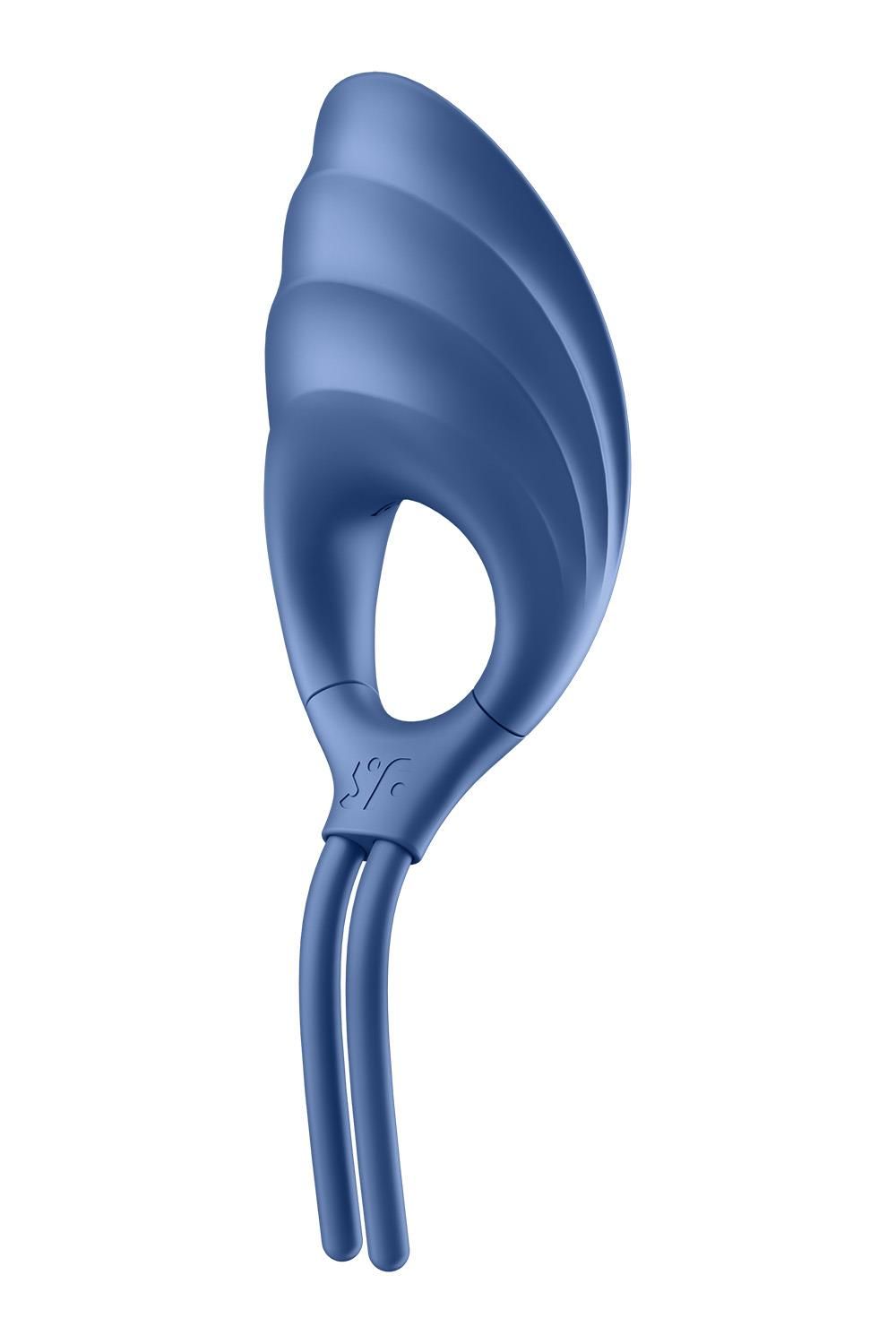 Vibratore ad anello blu con superficie scanalata e due steli. Forma ovale con foro centrale.