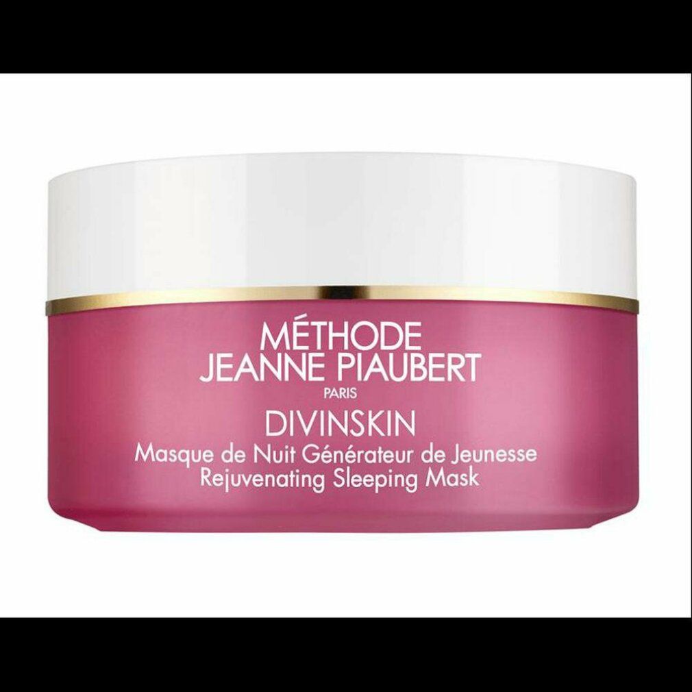 Vaso rosa con coperchio bianco. Bordo dorato. Scritta: Méthode Jeanne Piaubert, Divinskin, Masque de Nuit Générateur de Jeunesse, Rejuvenating Sleeping Mask.