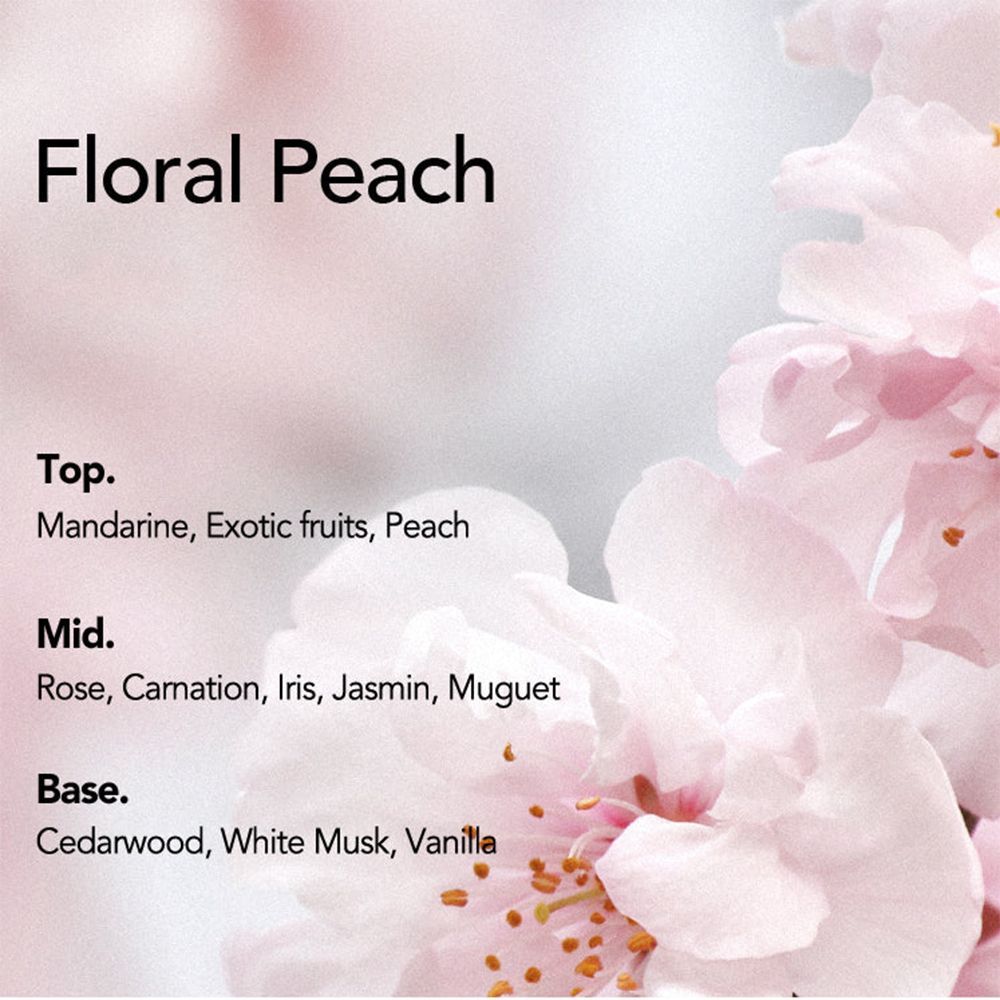 Testo con titolo Floral Peach. Note di profumo: Mandarino, frutti esotici, pesca, rosa, garofano, iris, gelsomino, mughetto.