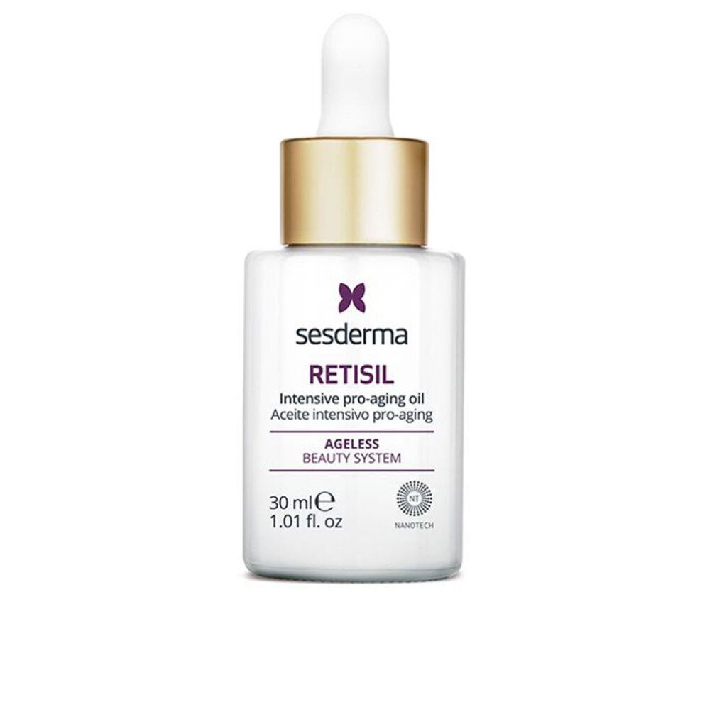 Flacone bianco con tappo dorato e contagocce. Scritta: RETISIL, Sesderma, 30 ml. Ageless Beauty System.