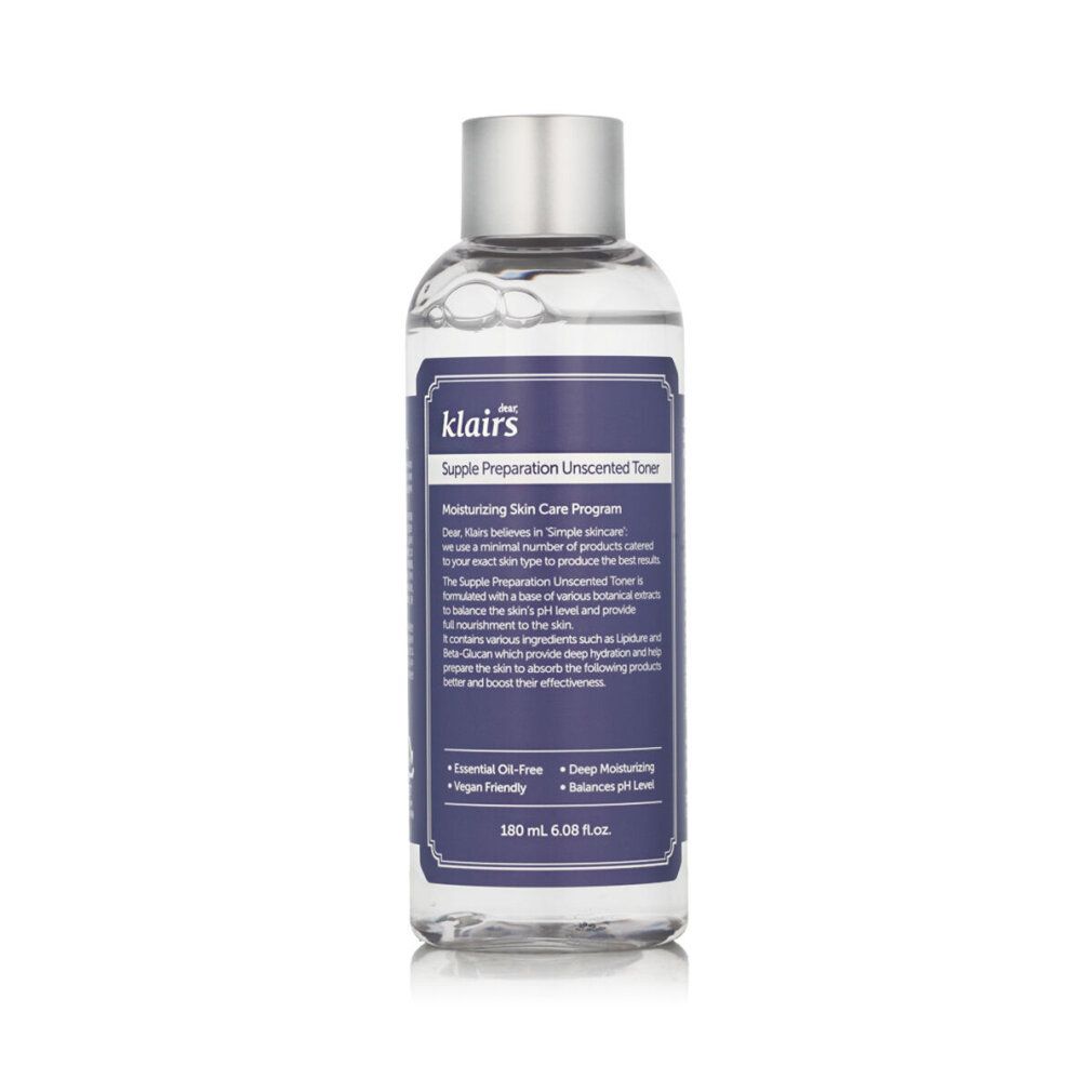 Flacone trasparente con tappo argentato ed etichetta viola. Testo: Dear Klairs Supple Preparation Unscented Toner. 180 ml.