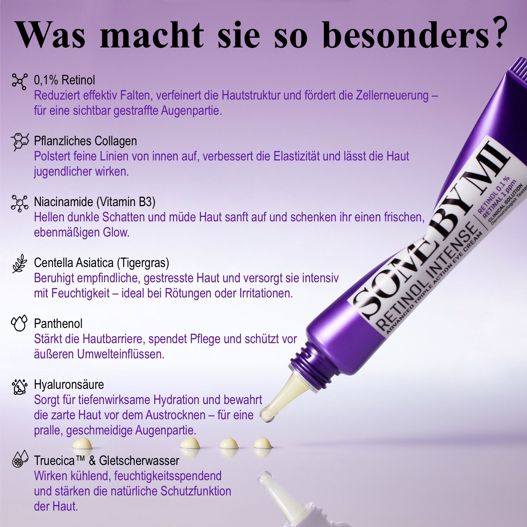 Tubo con crema. Testo: 0,1% Retinolo, Niacinamide, Centella Asiatica, Pantenolo.