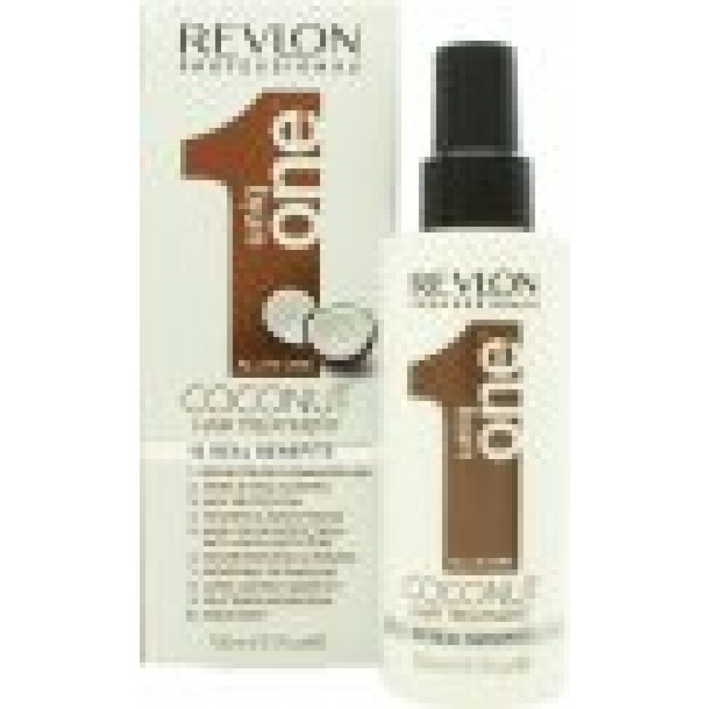 Revlon Uniq One Coconut Hair Treatment. Bottiglia e confezione. Scritta: 10 Real Benefits. Con motivo cocco.