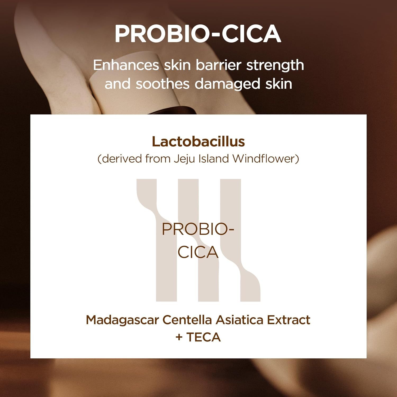Casella di testo con scritta: PROBIO-CICA. Testo: Lactobacillus, Madagascar Centella Asiatica Extract + TECA. Sfondo: pelle.