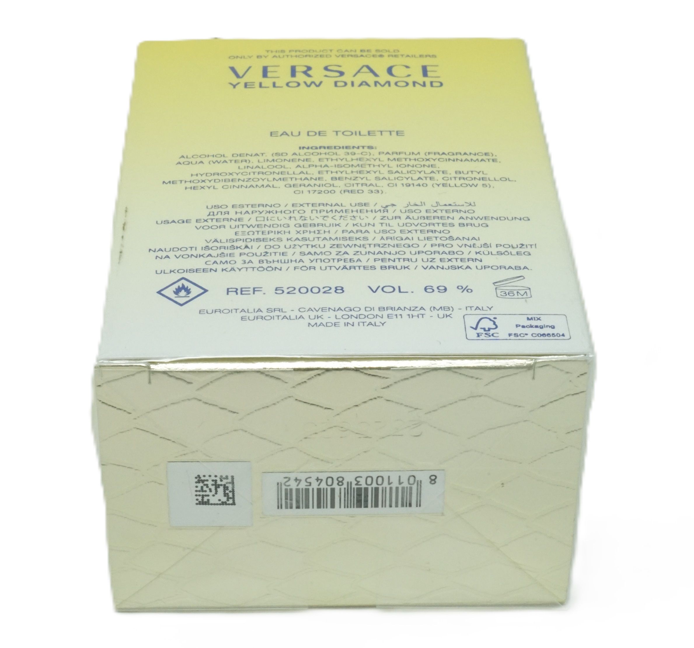 Retro della confezione. Testo: VERSACE YELLOW DIAMOND. Ingredienti, avvertenze, Rif. 52002B, Vol. 69%.