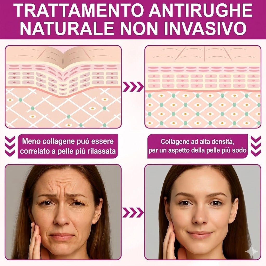 Confronto prima/dopo. Testo: Trattamento antirughe naturale non invasivo. Meno collagene, pelle più soda. Prima: rughe. Dopo: pelle più liscia.