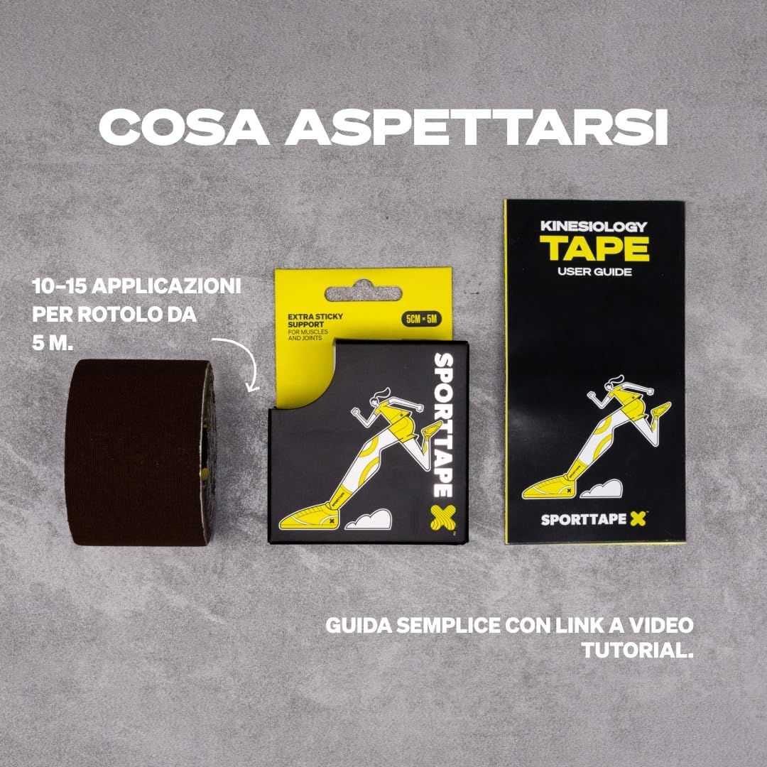 Contenuto di una confezione di tape kinesiologico: rotolo, scatola, guida. Testo: "Cosa Aspettarsi".