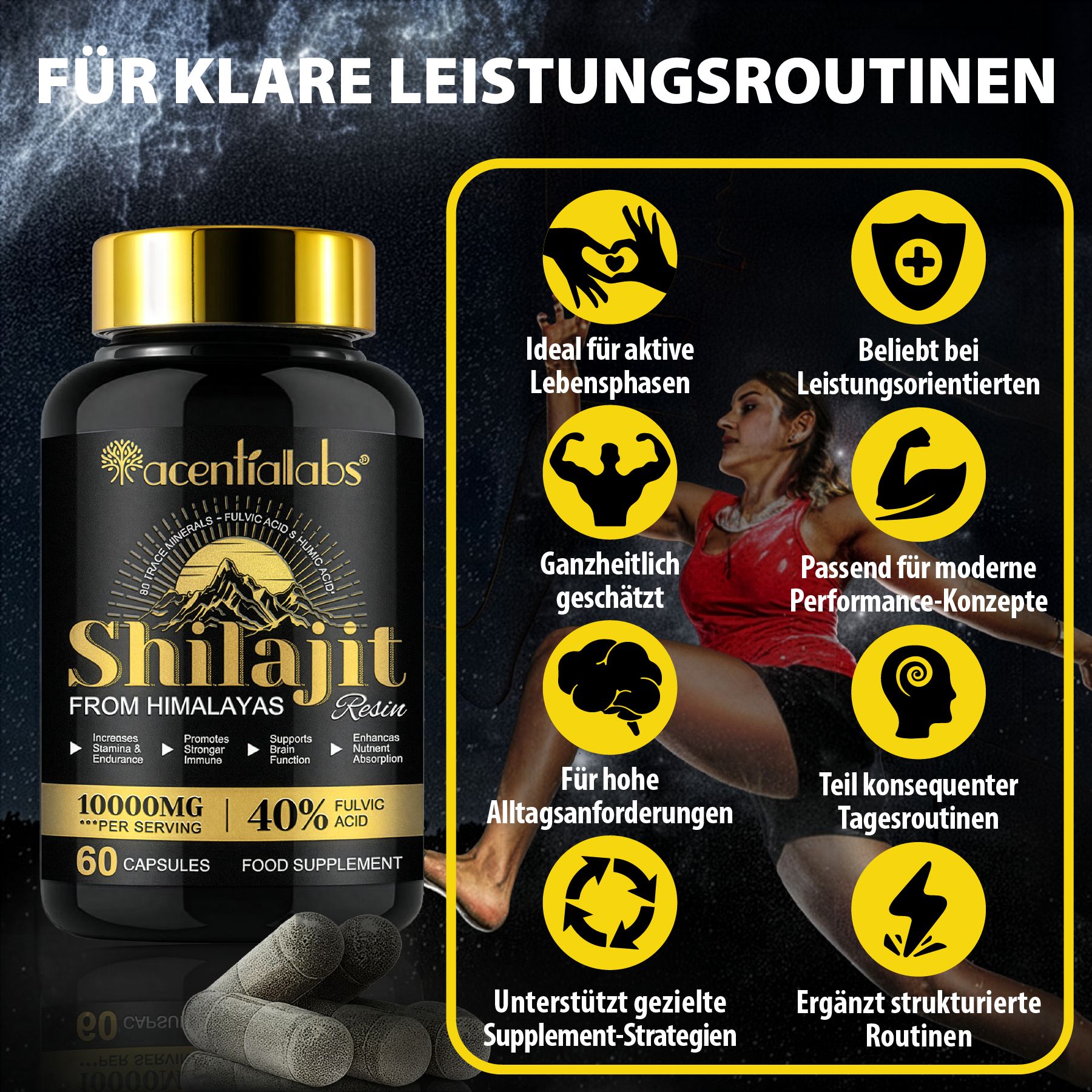 Flacone nero con tappo dorato. Scritta: Shilajit, 10000mg, 40% acido fulvico. 60 capsule. Immagine di una corridora.