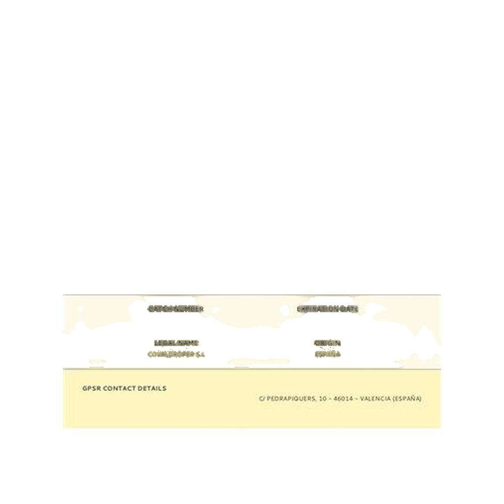 Etichetta con testo. Contiene informazioni come numero di lotto, data di fabbricazione, nome, origine e dettagli di contatto.