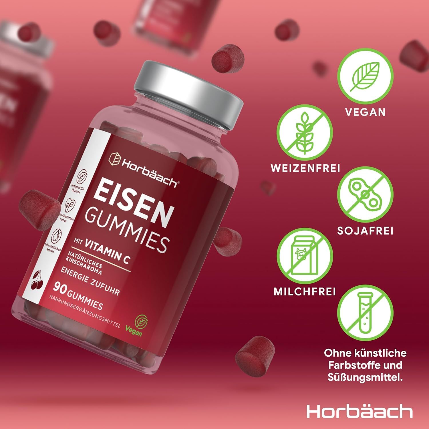 Flacone Horbäach Ferro Gummies con Vitamina C. 90 caramelle. Vegano, senza grano, soia, latte. Senza coloranti e dolcificanti artificiali.