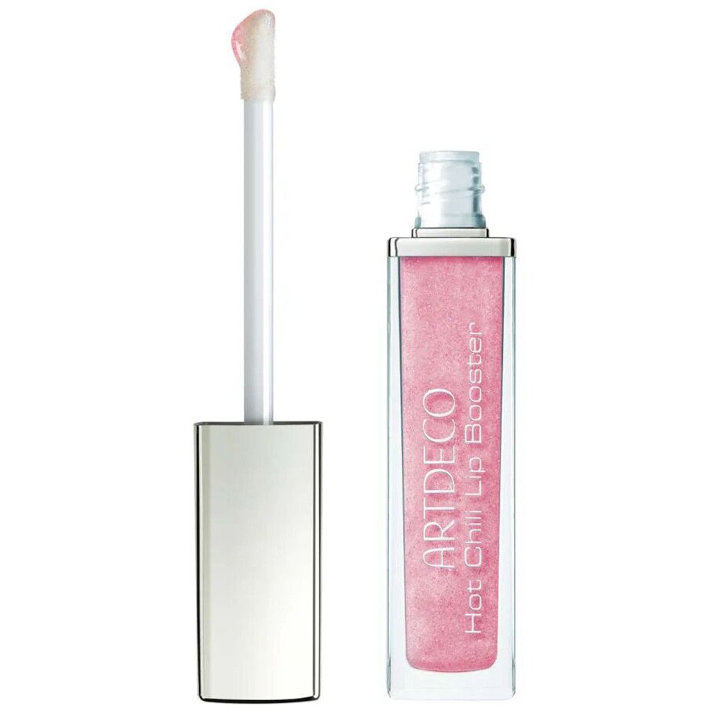 Artdeco Hot Chili Lip Booster, tubo trasparente, tappo argento. Applicatore con prodotto rosa. Testo del prodotto visibile.