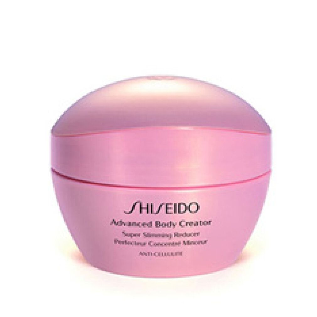 Vaso di crema rosa. Scritta: Shiseido, Advanced Body Creator, Super Slimming Reducer, Anti-Cellulite.