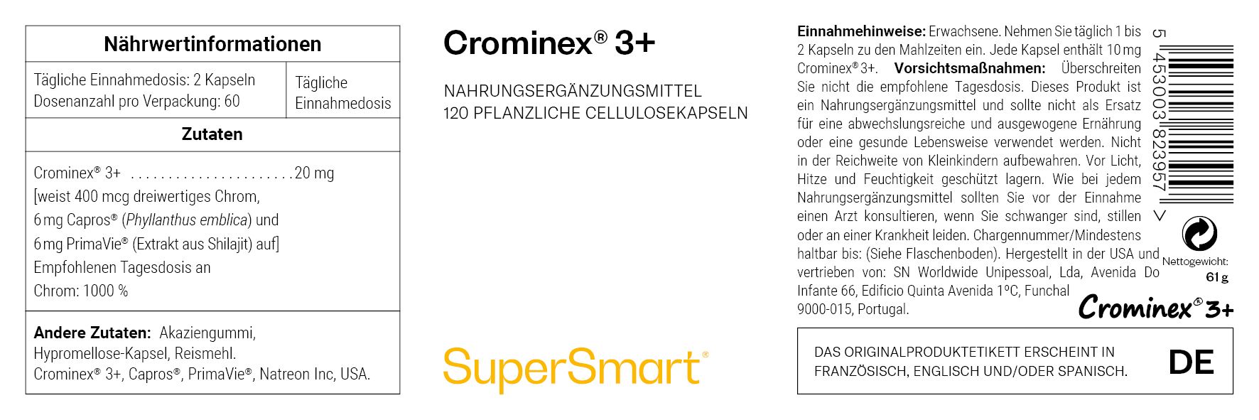 Etichetta con informazioni nutrizionali. Contiene ingredienti, dosaggio e produttore. Marchio: Crominex 3+ SuperSmart.