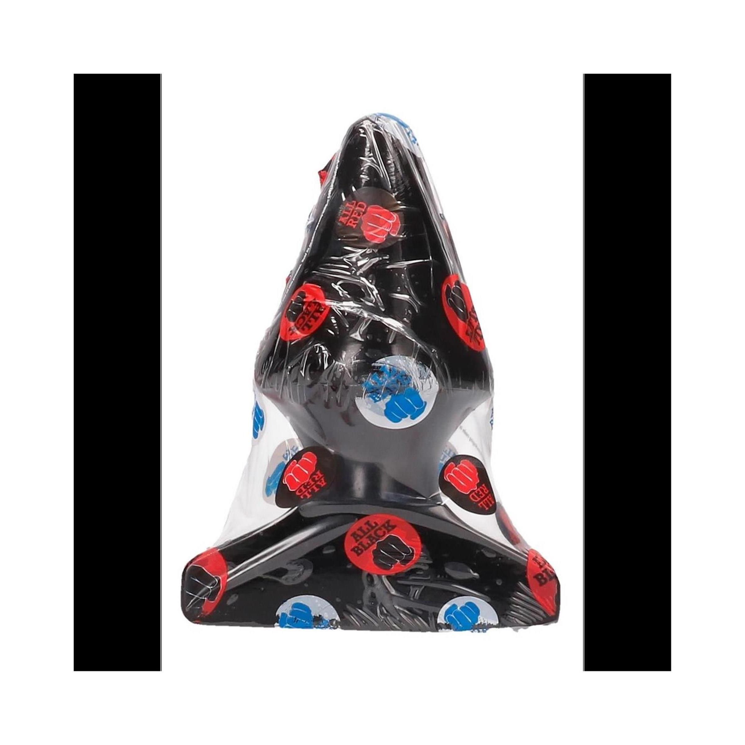 Plug anale nero, confezionato in pellicola con stampe. La confezione mostra loghi rossi, blu e neri. Prodotto centrato.