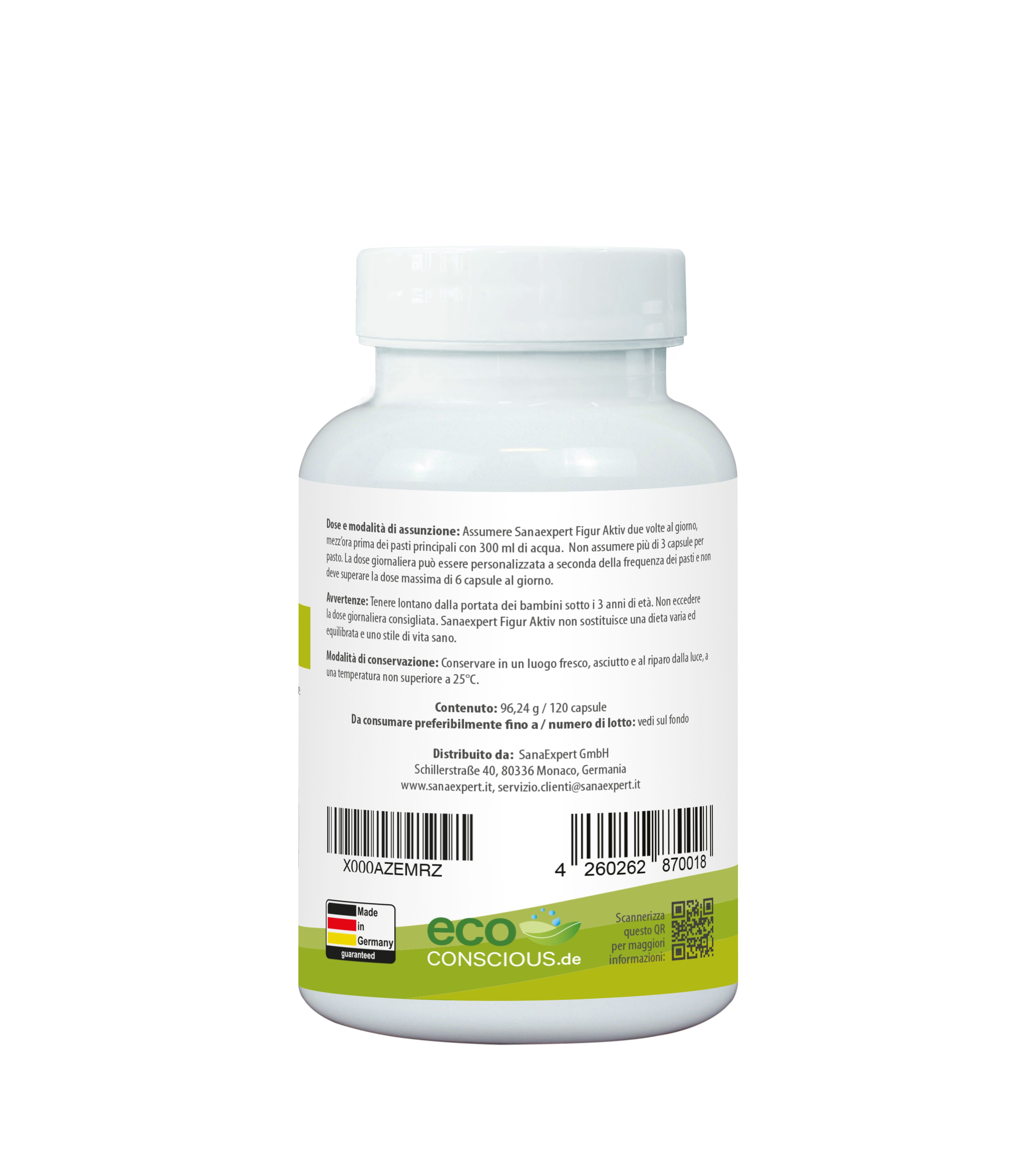 Retro della bottiglia SanaExpert Figer Aktiv. Contiene informazioni sull'uso e sugli ingredienti.