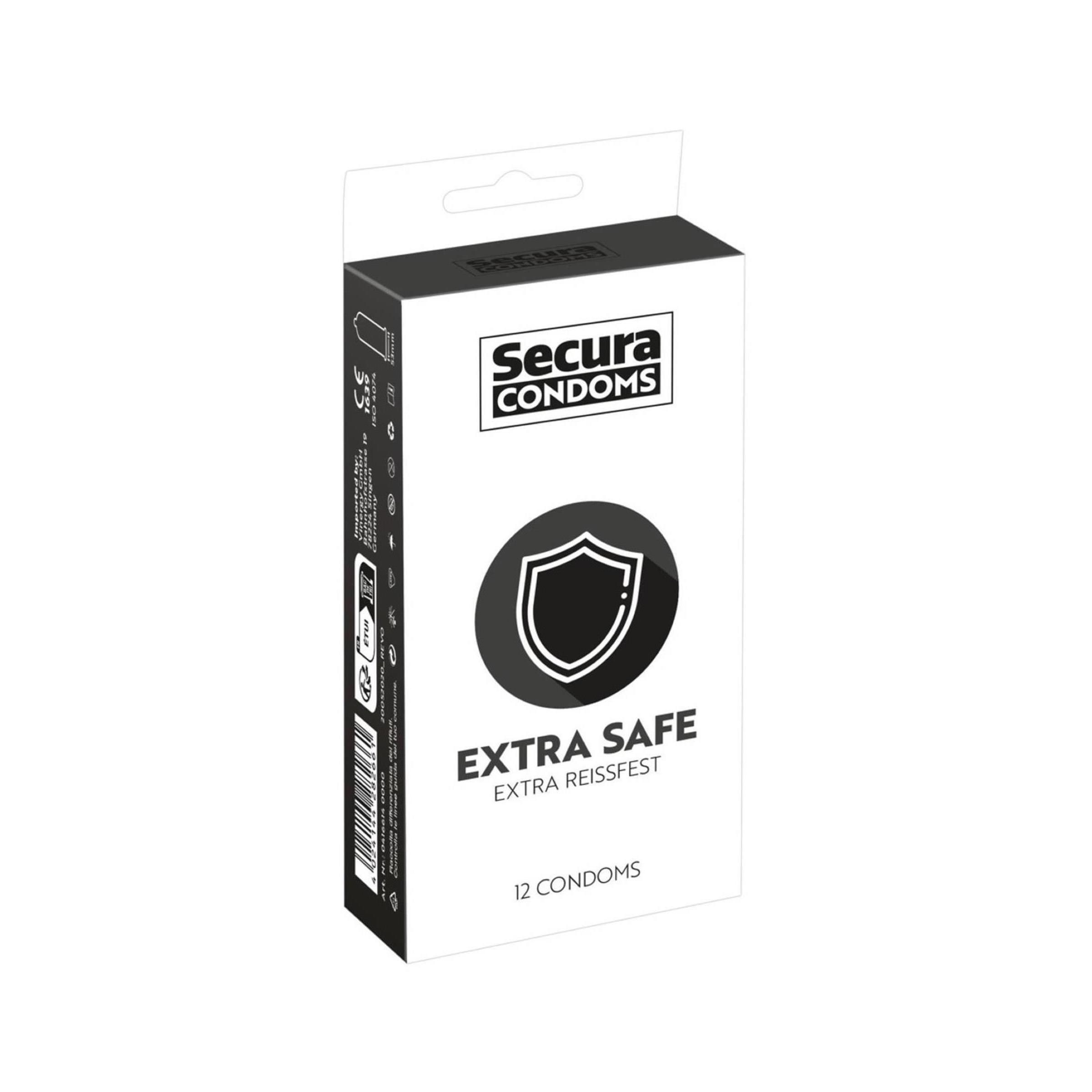 Confezione di preservativi Secura Extra Safe, 12 pezzi, simbolo scudo.