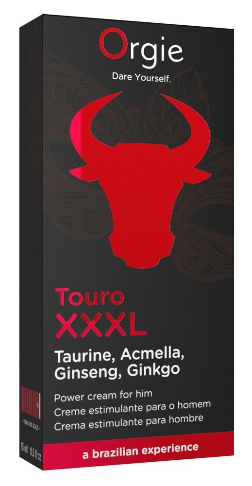 Confezione nera con testa di toro rossa e testo: Orgie Touro XXL Power Cream. Ingredienti: Taurina, Acmella, Ginseng, Ginkgo.