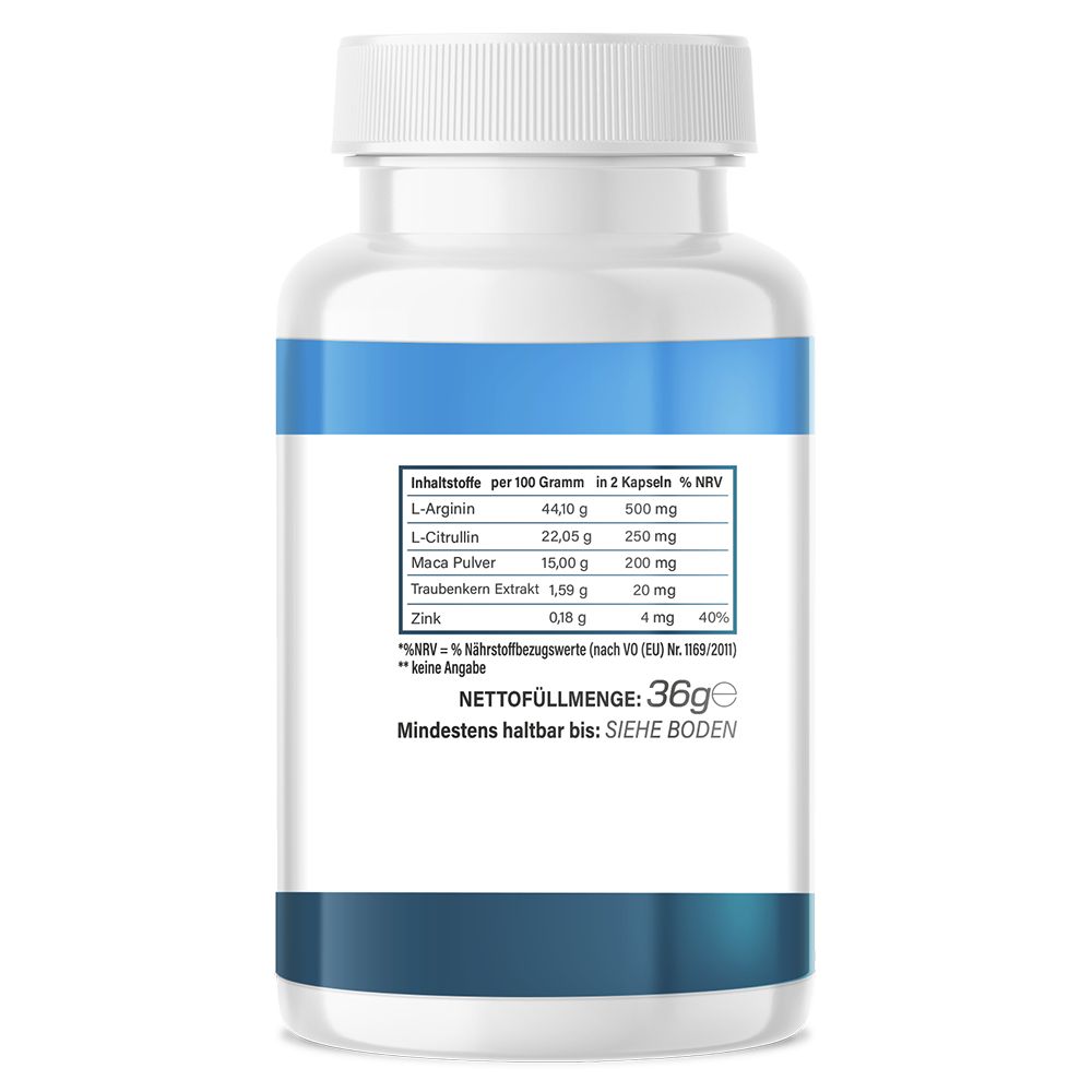 Retro di un flacone bianco con strisce blu. Tabella nutrizionale con ingredienti come L-Arginina, L-Citrullina, polvere di Maca, Zinco.