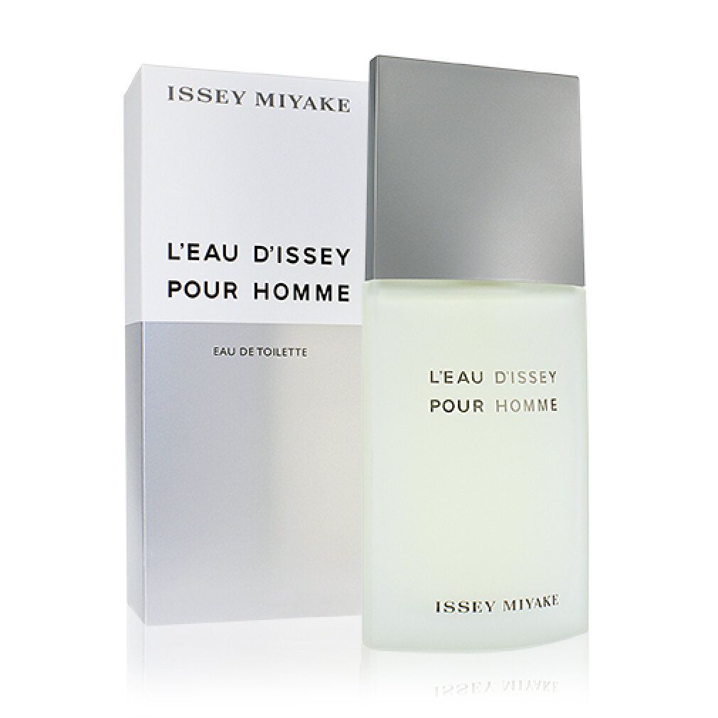 Flacone e confezione di Issey Miyake L'Eau d'Issey Pour Homme. Flacone rettangolare con tappo argentato, accanto la confezione bianca.