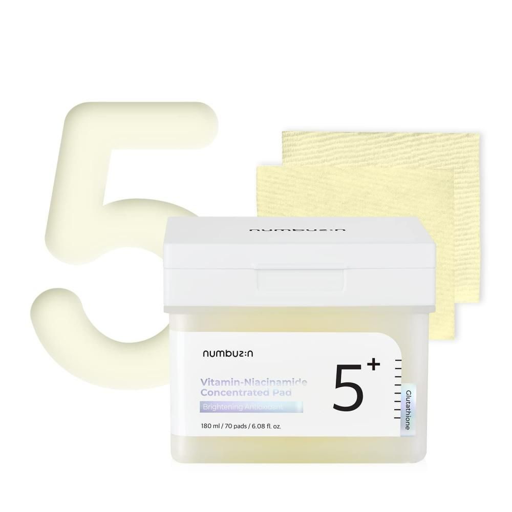 Contenitore bianco con coperchio, tamponi e un 5 giallo. Scritta: 5+ e vitamina-Niacinamide.
