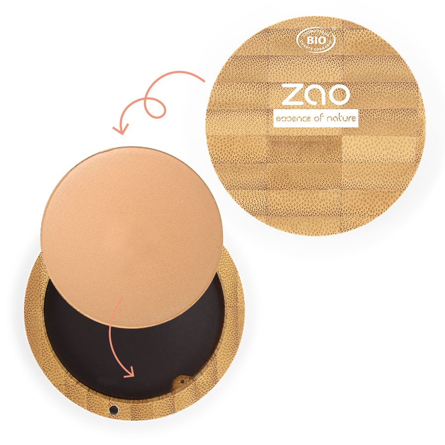 Contenitore rotondo per cipria in bambù aperto. Coperchio con logo e sigillo bio. Cipria colorata.