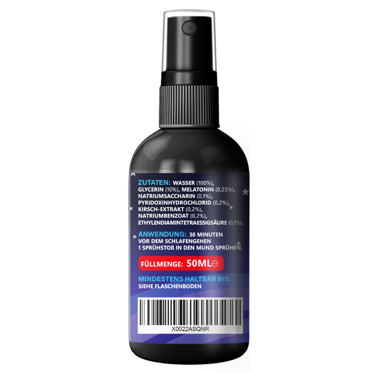 Retro del flacone spray. Elenco ingredienti, istruzioni per l'uso e data di scadenza. 50ml. Codice a barre.
