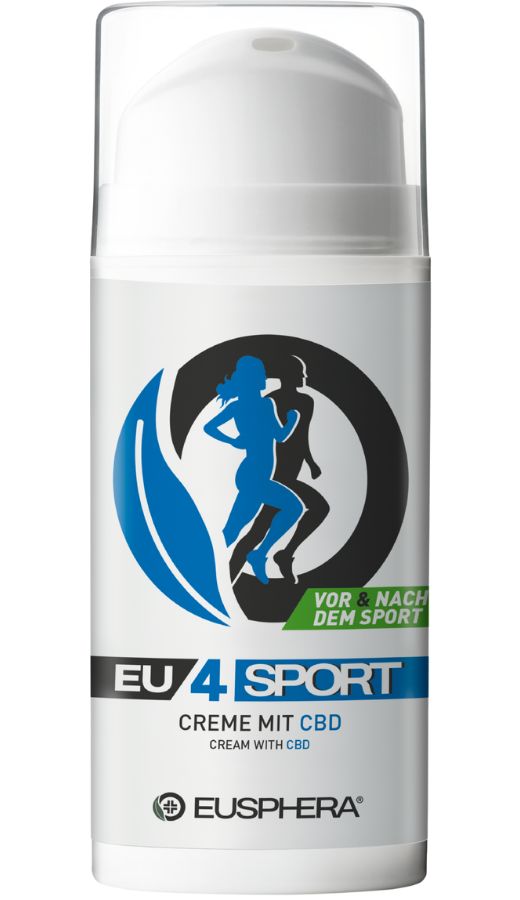 Vaso bianco con logo blu e testo. EU4SPORT, Crema con CBD, Eusphera. Prima e dopo lo sport.