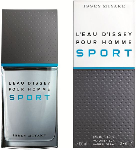 Flacone e confezione. Scritta: L'Eau d'Issey Pour Homme Sport. Tappo grigio, accenti blu. Issey Miyake.