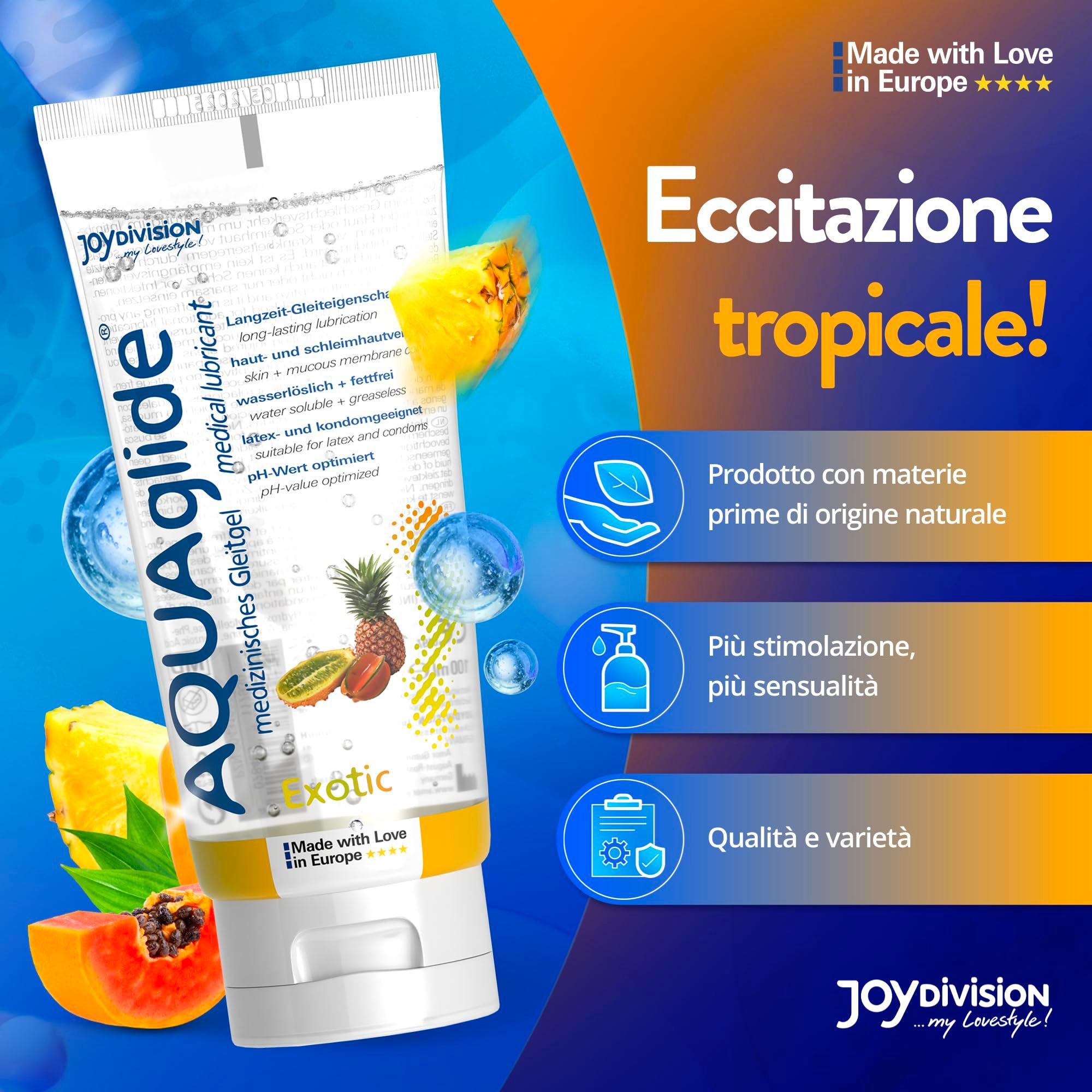 Tubo di gel lubrificante medicale AQUAGLIDE 100ml con motivo ananas e kiwi. Fatto con amore in Europa.