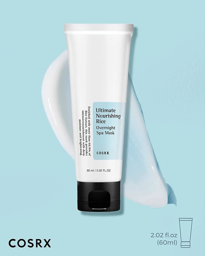 Tubo bianco con scritta: Ultimate Nourishing Rice Overnight Spa Mask. Marchio: COSRX. Su sfondo chiaro.