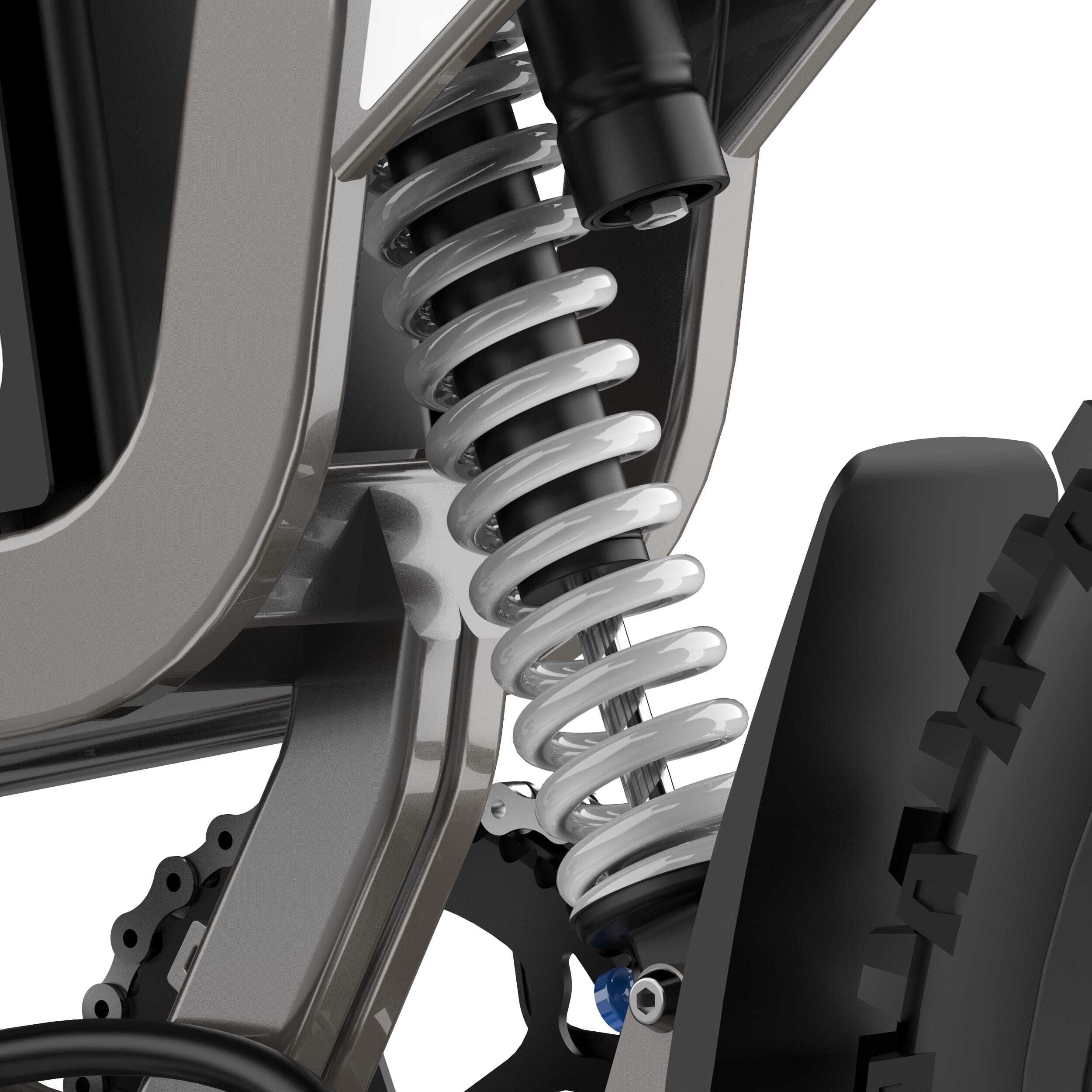 Primo piano della sospensione di una dirt bike elettrica COSWHEEL R19 grigia. Molla bianca, telaio grigio.