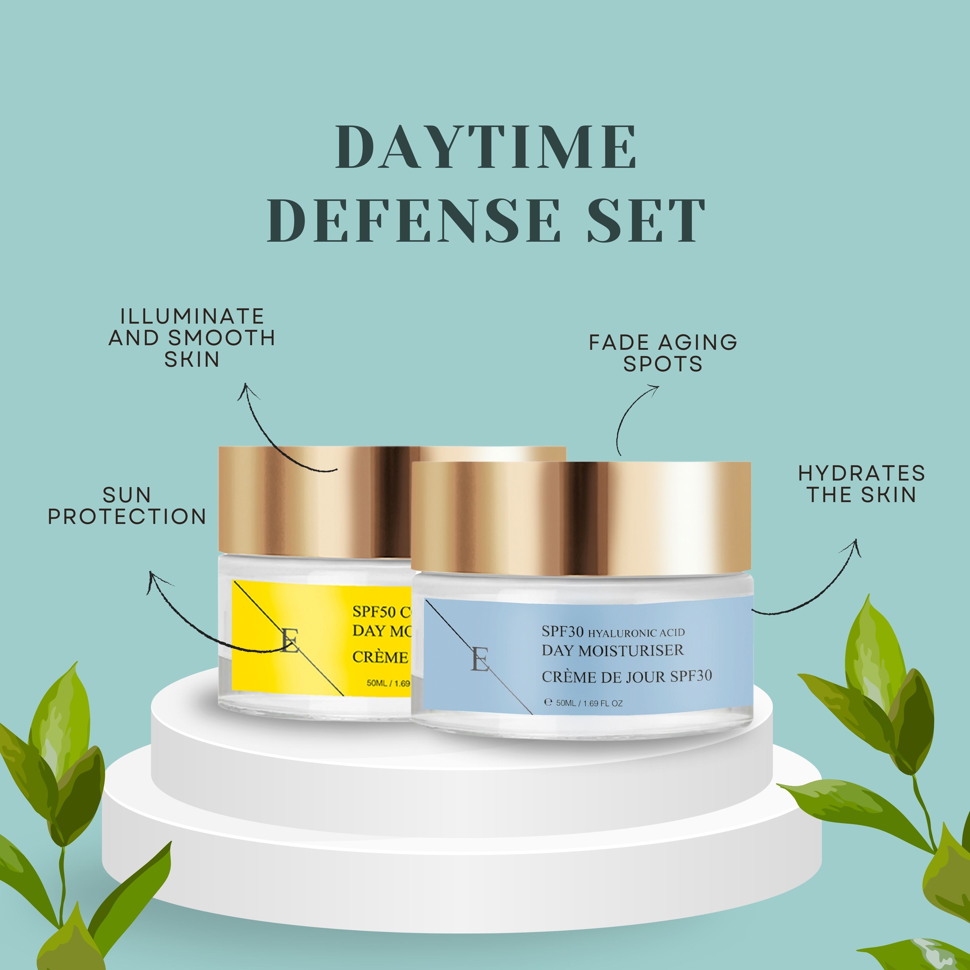 Due vasetti di crema su un piedistallo. Uno ha un'etichetta gialla con la scritta SPF50 COLLAGEN DAY MOISTURISER. L'altro ha un'etichetta blu con la scritta SPF30 HYALURONIC ACID.