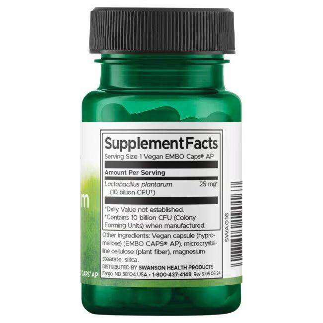 Retro del flacone verde. Etichetta con informazioni nutrizionali e ingredienti. Testo: SWANSON HEALTH PRODUCTS.