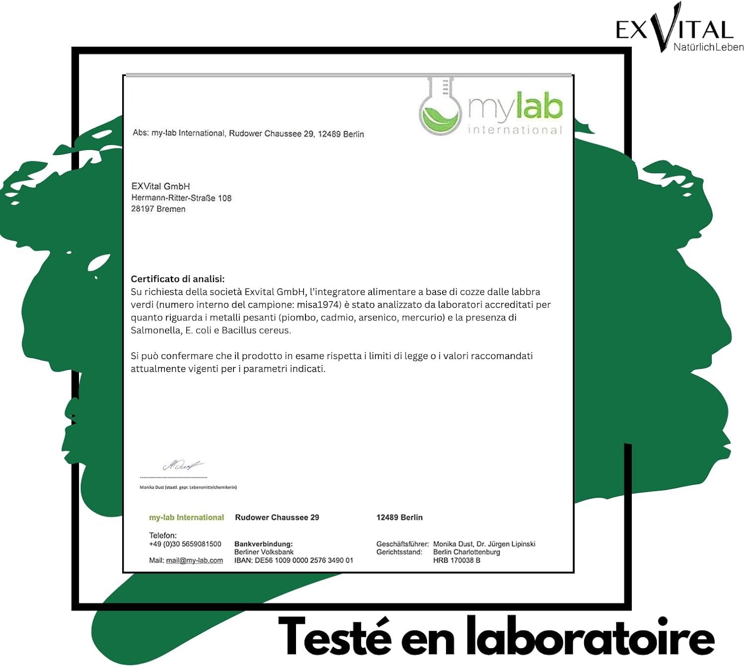 Testato in laboratorio. Testo con informazioni sul prodotto. Logo mylab international. Testo in italiano.