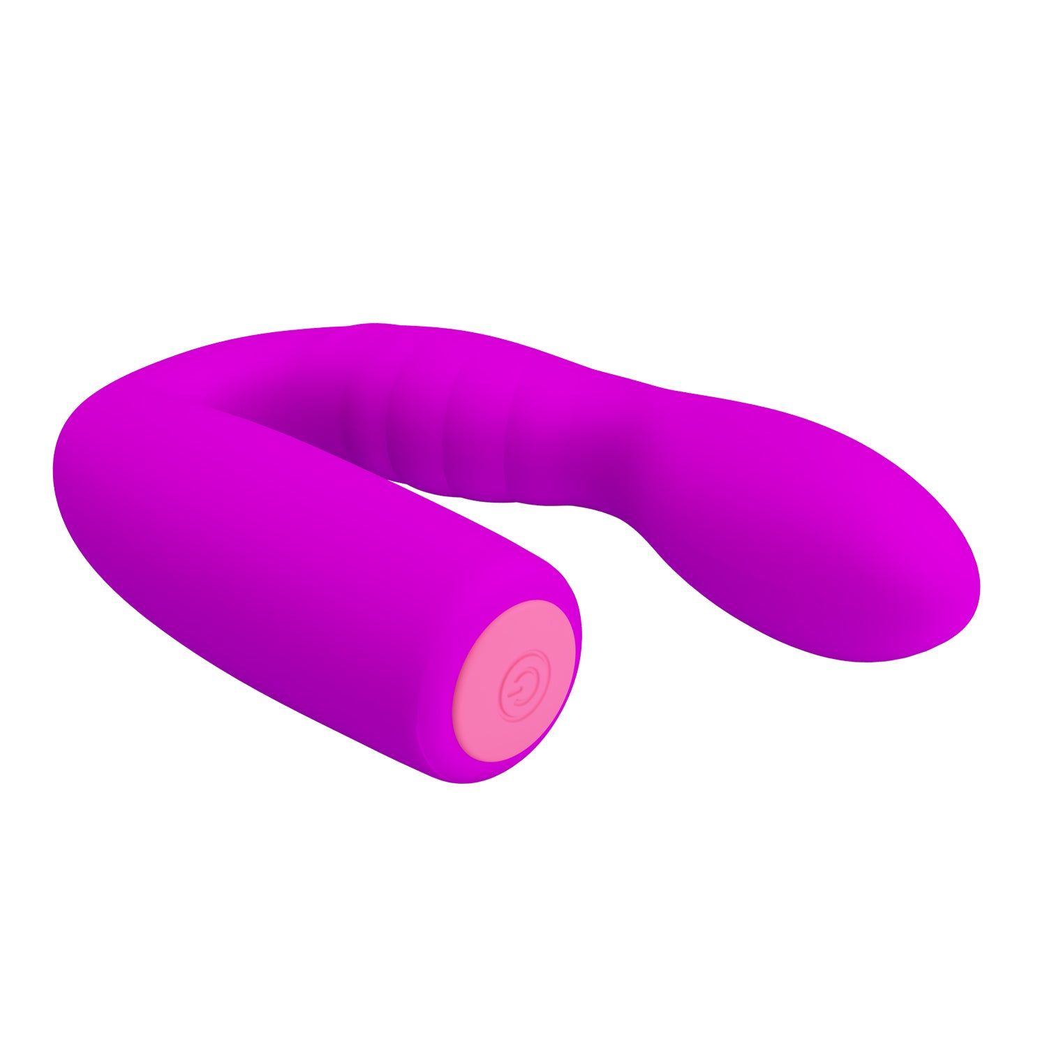 Prodotto viola a forma di U. Estremità rosa con pulsante. Forma a U.