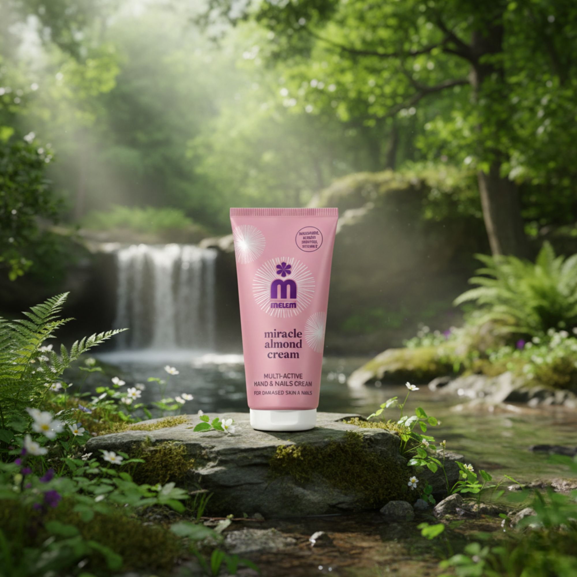Tubo rosa "melem miracle almond cream" davanti a cascata. Testo: Multi-Active Hand & Nails Cream. Per pelli e unghie danneggiate. Con olio di mandorle.