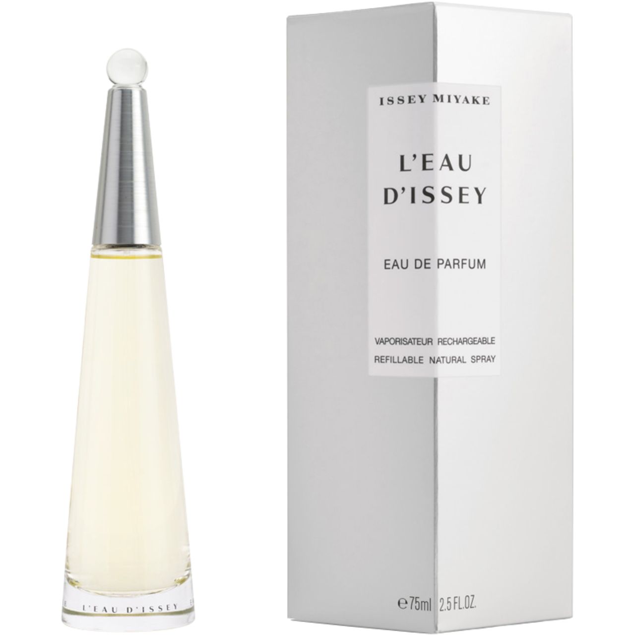 Flacone di profumo e confezione. Scritta: ISSEY MIYAKE, L'EAU D'ISSEY, Eau de Parfum, Vaporizzatore ricaricabile.