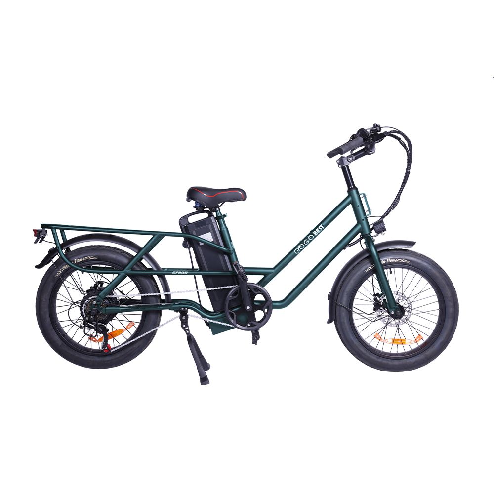 E-bike da carico verde con portapacchi e pneumatici neri. Batteria sul telaio. Scritta GOGOBEST.