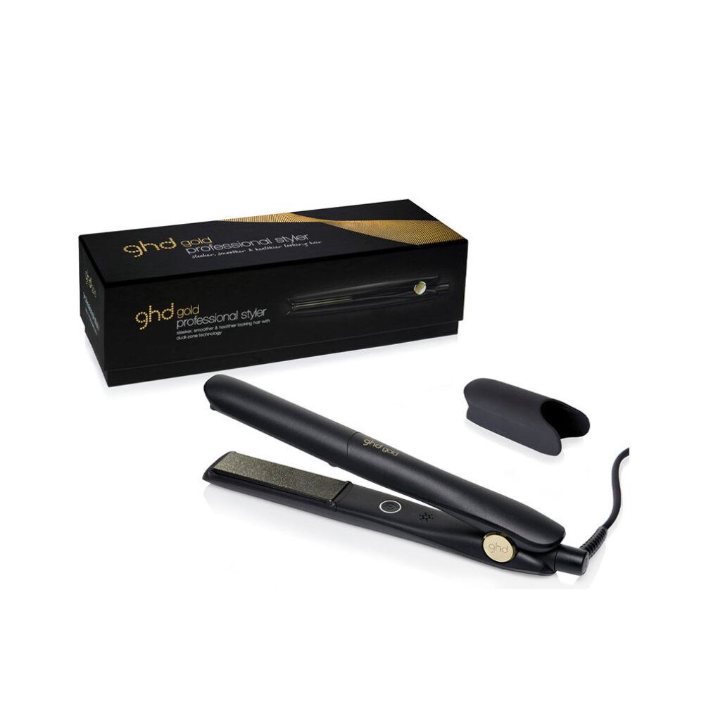 Piastra nera con protezione termica nera e confezione. Scritta: ghd gold professional styler.